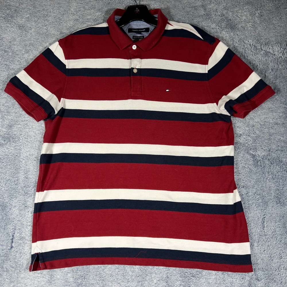 Tommy Hilfiger Mens Performance Pique Striped Polo Shirt Red White Blue Large